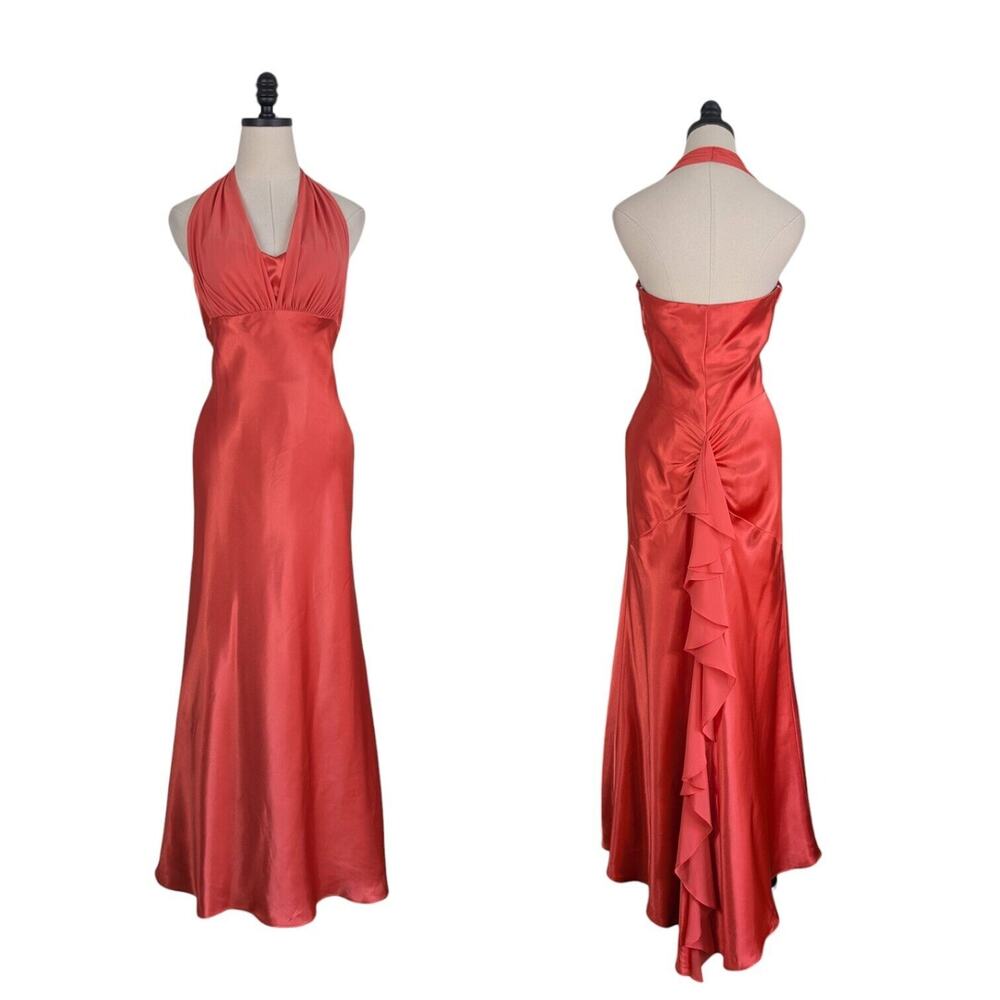 Prom Dress Maxi Gown 8 Orange Vintage Y2K Glam Satin Ruffle Halter Grunge Train
